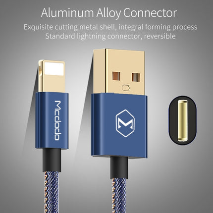 Mcdodo CA-1730 1.2m 2.4A Reversible 8 Pin to USB Denim Cover TPE Jacket Data Sync Charging Cable with Aero Aluminum Head for iPhone, iPad (Denim Blue)-garmade.com