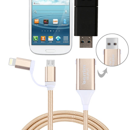 1M Multi-functional Mimao 8pin & Micro USB to OTG & USB 2.0 Data Sync Cable USB Charging Cable, For iPhone & iPad, Samsung, HTC, Sony, Huawei, Xiaomi(Gold)-garmade.com