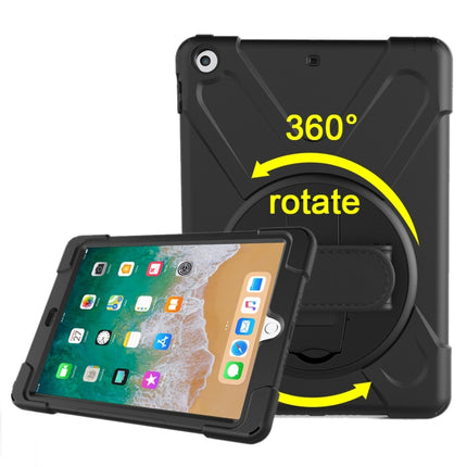 For iPad 9.7 (2018) & iPad 9.7 (2017) 360 Degree Rotation PC + Silicone Protective Case with Holder & Hand-strap(Black)-garmade.com