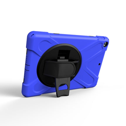 For iPad 9.7 (2018) & iPad 9.7 (2017) 360 Degree Rotation PC + Silicone Protective Case with Holder & Hand-strap(Dark Blue)-garmade.com