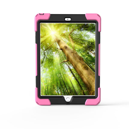 For iPad 9.7 (2018) & iPad 9.7 (2017) 360 Degree Rotation PC + Silicone Protective Case with Holder & Hand-strap(Pink)-garmade.com