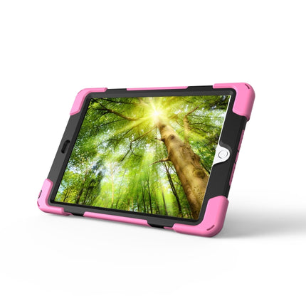 For iPad 9.7 (2018) & iPad 9.7 (2017) 360 Degree Rotation PC + Silicone Protective Case with Holder & Hand-strap(Pink)-garmade.com