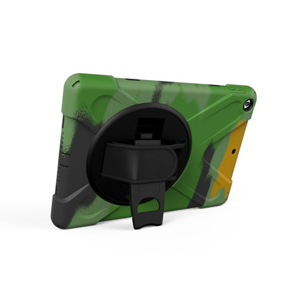 For iPad 9.7 (2018) & iPad 9.7 (2017) 360 Degree Rotation PC + Silicone Protective Case with Holder & Hand-strap (Camouflage Green)-garmade.com