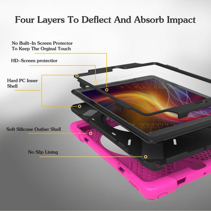 For iPad 9.7 (2018) & iPad 9.7 (2017) 360 Degree Rotation PC + Silicone Protective Case with Holder & Hand-strap(Magenta)-garmade.com