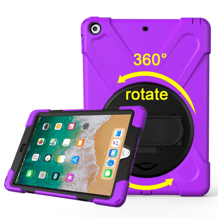 For iPad 9.7 (2018) & iPad 9.7 (2017) 360 Degree Rotation PC + Silicone Protective Case with Holder & Hand-strap(Purple)-garmade.com