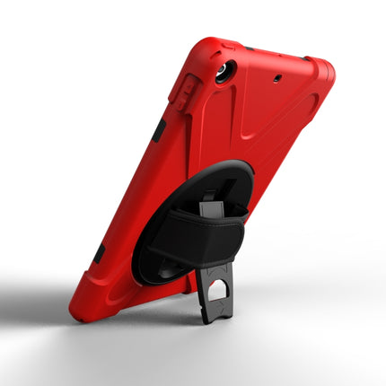 For iPad 9.7 (2018) & iPad 9.7 (2017) 360 Degree Rotation PC + Silicone Protective Case with Holder & Hand-strap(Red)-garmade.com