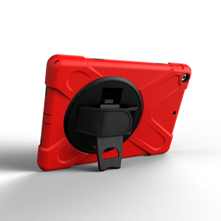 For iPad 9.7 (2018) & iPad 9.7 (2017) 360 Degree Rotation PC + Silicone Protective Case with Holder & Hand-strap(Red)-garmade.com