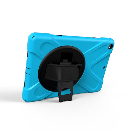 For iPad 9.7 (2018) & iPad 9.7 (2017) 360 Degree Rotation PC + Silicone Protective Case with Holder & Hand-strap(Baby Blue)-garmade.com
