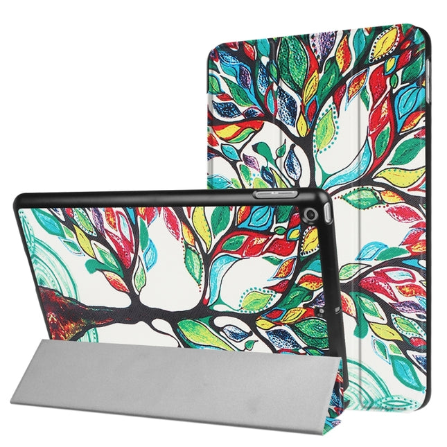 For iPad 9.7 (2018) & iPad 9.7 (2017) Cross Texture Painting Tree Pattern Horizontal Flip Leather Case with Three-folding Holder-garmade.com
