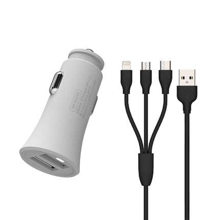 WK WP-C13 2.4A Warpath Dual USB Car Charger with USB to 8 Pin / Micro USB / Type-C Data Cable (White)-garmade.com