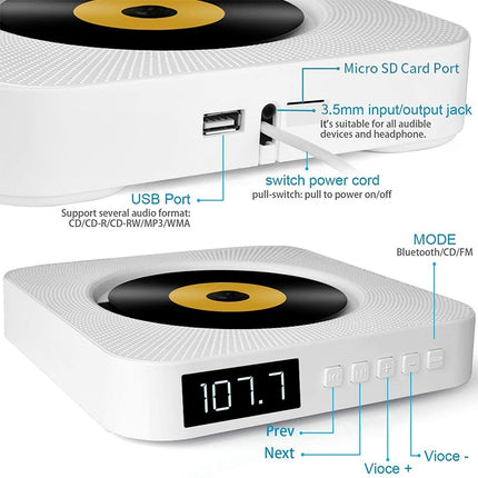 The Second Generation Portable Digital Display Bluetooth Speaker CD Player with Remote Control (White)-garmade.com