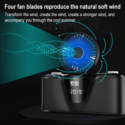 SOAIY K2 Wireless Bluetooth Subwoofer Insert Card 3D Surround Mini Speaker with Electric Fan(Black)-garmade.com