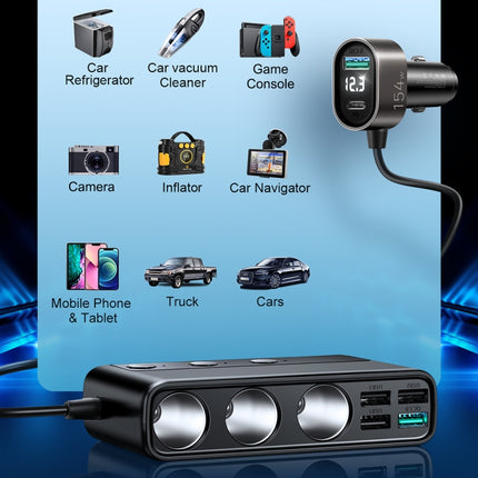 JOYROOM JR-CL06 9 in 1 154W PD USB-C / Type-C + Dual QC3.0 USB + 3 USB + 3 Cigarette Lighter Holes Digital Display Car Charger (Black)-garmade.com