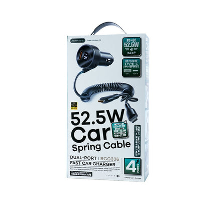 REMAX RCC336 Saga Series 2 in 1 Car 52.5W PD Fast Charger with USB-C / Type-C + 8 Pin Spring Cable-garmade.com