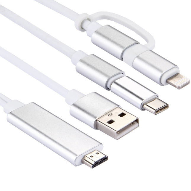 3 in 1 Micro USB & 8 Pin & Type-C to HDMI HD 1080P HDTV Adapter Cable(Silver)-garmade.com
