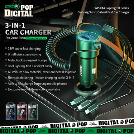 WK WP-C44 Pop Digital Series Ciahung 3-in-1 Cabled 33W Dual-USB Fast Car Charger (Silver)-garmade.com