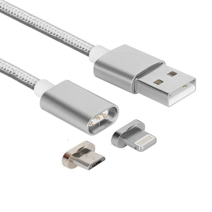 2 in 1 5V 2A Micro USB & 8 Pin to USB 2.0 Weave Style Magnetic Data Cable, Cable Length: 1.2m(Silver)-garmade.com