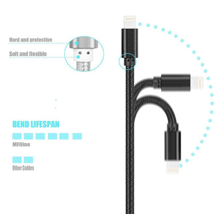 YF-MX03 2m 2.4A MFI Certificated 8 Pin to USB Nylon Weave Style Data Sync Charging Cable(Black)-garmade.com