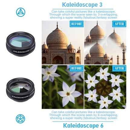 APEXEL APL-DG10 Macro Wide-angle Fisheye Telephoto CPL Flow Filter Radial Filter Star Filter Kaleidoscope 3 & 6 Lens Kit, For iPhone, Samsung, Huawei, Xiaomi, HTC and Other Smartphones, Ultra-thin Digital Camera-garmade.com