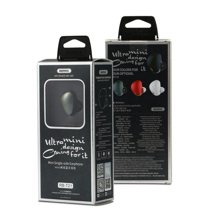 REMAX RB-T21 Mini In-Ear Wireless Bluetooth Earphones, For iPad, iPhone, Galaxy, Huawei, Xiaomi, LG, HTC and Other Smart Phones(White)