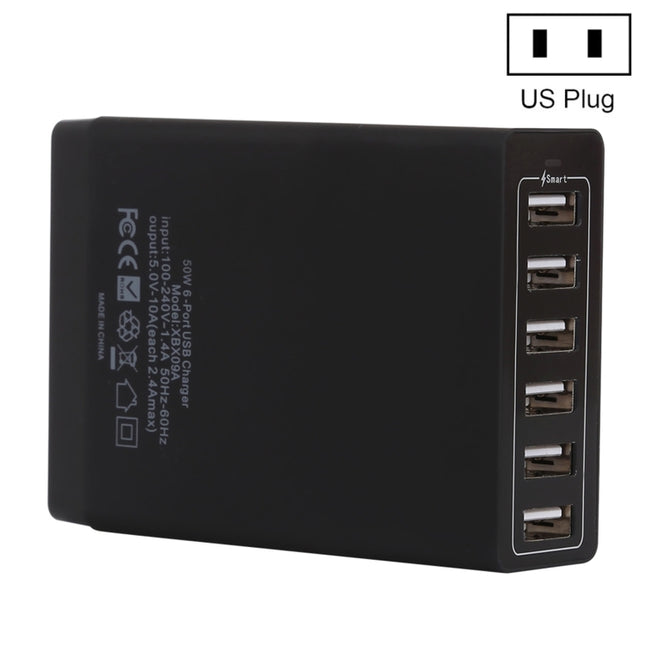 XBX09A 50W 5V 2.4A 6 USB Ports Quick Charger Travel Charger(Black)-garmade.com
