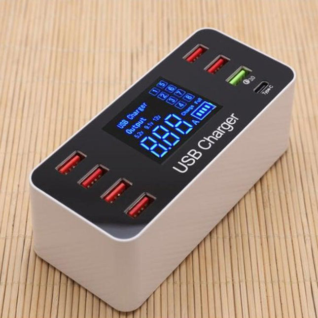 A9+ Multi-function AC 100V~240V 8 Ports USB Digital Display LCD Detachable Charging Station Smart Charger,Support QC3.0(White)-garmade.com