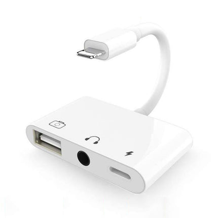3 in 1 Multi-function 8 Pin + 3.5mm + USB 3.0 OTG to 8 Pin Male Fast Charging & Music Audio & Card Reading Adapter (White)-garmade.com