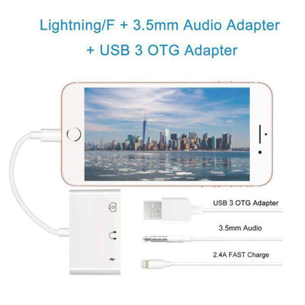 3 in 1 Multi-function 8 Pin + 3.5mm + USB 3.0 OTG to 8 Pin Male Fast Charging & Music Audio & Card Reading Adapter (White)-garmade.com