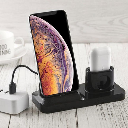 Wireless Rechargeable Base Charging Station Holder for Mobile Phone & Headset, with Micro USB + USB-C / Type-C + 8 Pin Interface (Black)-garmade.com