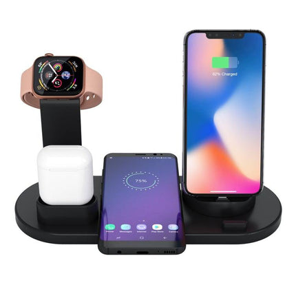 HQ-UD15 5 in 1 8 Pin + Micro USB + USB-C / Type-C Interfaces + 8 Pin Earphone Charging Interface + Wireless Charging Charger Base with Watch Stand (Black)-garmade.com