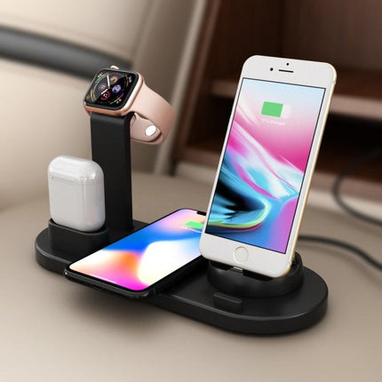 HQ-UD15 5 in 1 8 Pin + Micro USB + USB-C / Type-C Interfaces + 8 Pin Earphone Charging Interface + Wireless Charging Charger Base with Watch Stand (Black)-garmade.com