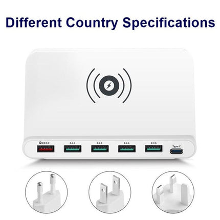 828W 7 in 1 60W QC 3.0 USB Interface + 4 USB Ports + USB-C / Type-C Interface + Wireless Charging Multi-function Charger with Mobile Phone Holder Function, AU Plug(White)-garmade.com