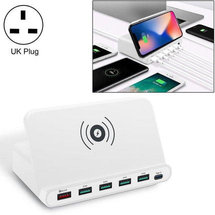 828W 7 in 1 60W QC 3.0 USB Interface + 4 USB Ports + USB-C / Type-C Interface + Wireless Charging Multi-function Charger with Mobile Phone Holder Function, UK Plug(White)-garmade.com