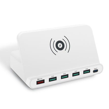 828W 7 in 1 60W QC 3.0 USB Interface + 4 USB Ports + USB-C / Type-C Interface + Wireless Charging Multi-function Charger with Mobile Phone Holder Function, UK Plug(White)-garmade.com