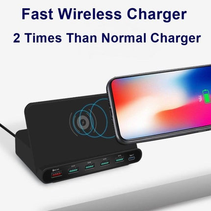 828W 7 in 1 60W QC 3.0 USB Interface + 4 USB Ports + USB-C / Type-C Interface + Wireless Charging Multi-function Charger with Mobile Phone Holder Function, US Plug(White)-garmade.com