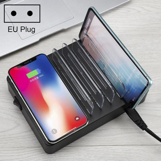 50W 6 USB Ports + 2 USB-C / Type-C Ports + Wireless Charging Multi-function Charger with LED Display & Detachable Bezel, EU Plug-garmade.com
