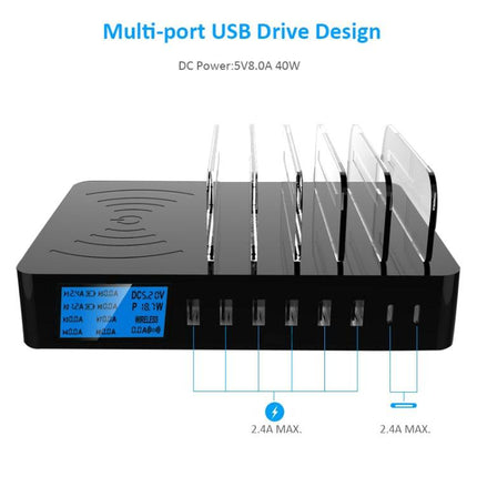 50W 6 USB Ports + 2 USB-C / Type-C Ports + Wireless Charging Multi-function Charger with LED Display & Detachable Bezel, EU Plug-garmade.com