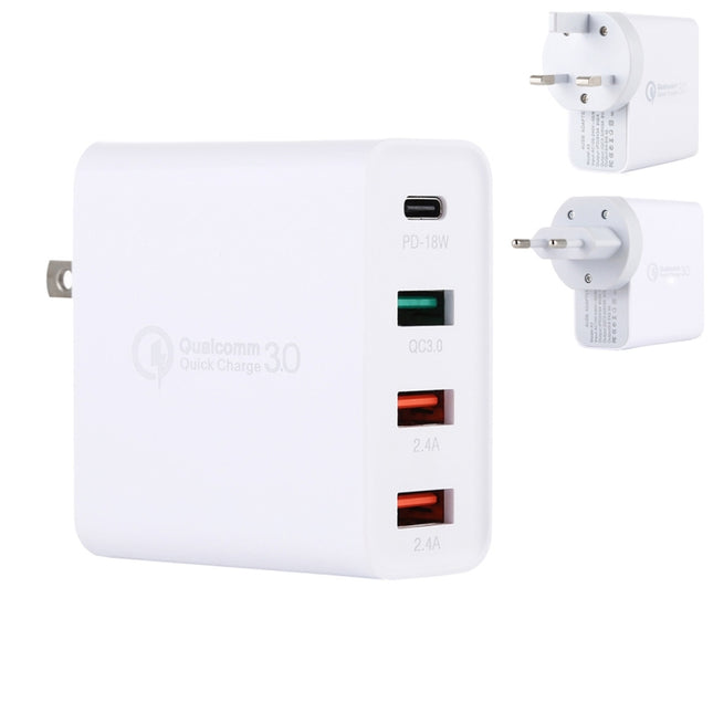 A3 PD 18W USB-C / Type-C + QC3.0 USB + Dual USB Interface Travel Charger Set, US Plug / EU Plug / UK Plug-garmade.com