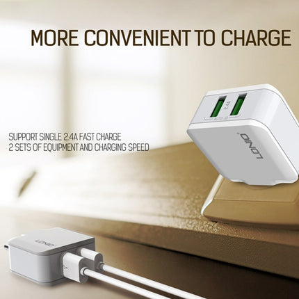 LDNIO A2201 2.4A Dual USB Charging Head Travel Direct Charge Mobile Phone Adapter Charger With 8 Pin Data Cable(EU Plug)-garmade.com