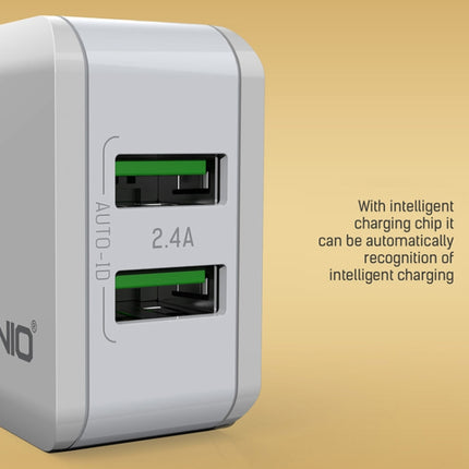 LDNIO A2201 2.4A Dual USB Charging Head Travel Direct Charge Mobile Phone Adapter Charger With 8 Pin Data Cable (US Plug)-garmade.com