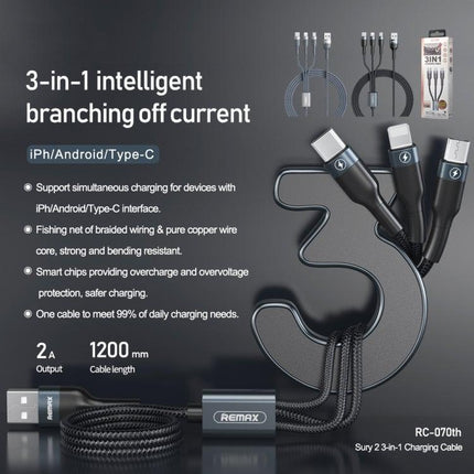 REMAX RC-070TH 1.2m 2A 3 in 1 USB to 8 Pin & USB-C / Type-C & Micro USB Charging Cable(Black)-garmade.com