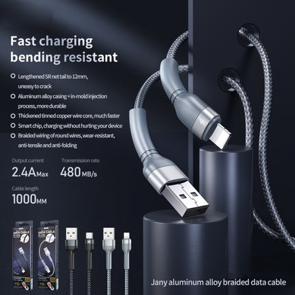 REMAX RC-124i 1m 2.4A USB to 8 Pin Aluminum Alloy Braid Fast Charging Data Cable for iPhone, iPad(Silver)-garmade.com