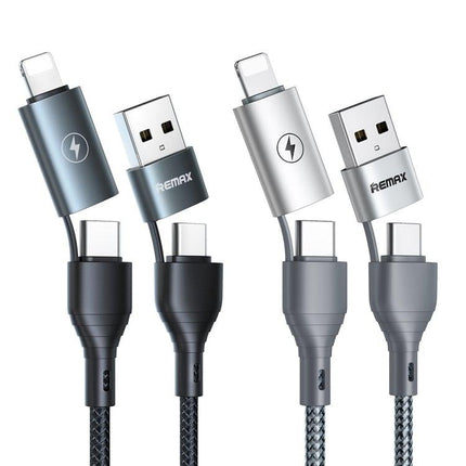 REMAX RC-011 1.2m 2.4A 4-in-1 USB to USB-C / Type-Cx2 + 8 Pin Fast Charging Data Cable(Black)-garmade.com