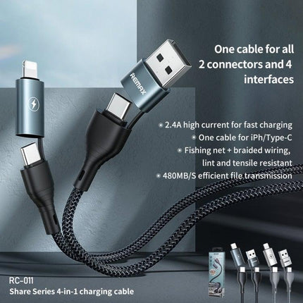 REMAX RC-011 1.2m 2.4A 4-in-1 USB to USB-C / Type-Cx2 + 8 Pin Fast Charging Data Cable(Black)-garmade.com