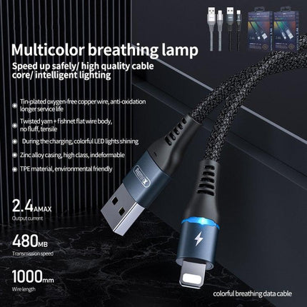 REMAX RC-152I 1m 2.4A USB to 8 Pin Colorful Breathing Data Cable(Silver)-garmade.com