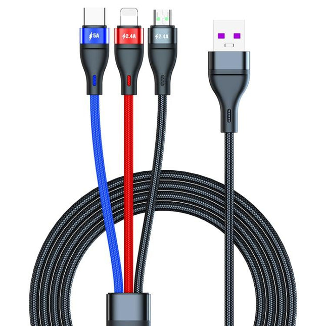 40W 5A USB to Micro USB + USB-C / Type-C + 8 Pin Fast Charging Data Cable, Cable Length: 1.2m-garmade.com