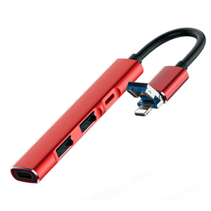 4 in 1 8 Pin/USB to Type-C / 2个USB / 8 Pin Ports Multifunctional Docking Station HUB (Red)-garmade.com