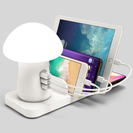 HQ-UD12 Universal 4 in 1 40W QC3.0 3 USB Ports + Wireless Charger Mobile Phone Charging Station with Mushroom Shape LED Light, Length: 1.2m, US Plug (White)-garmade.com