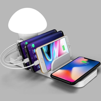 HQ-UD12 Universal 4 in 1 40W QC3.0 3 USB Ports + Wireless Charger Mobile Phone Charging Station with Mushroom Shape LED Light, Length: 1.2m, UK Plug(White)-garmade.com