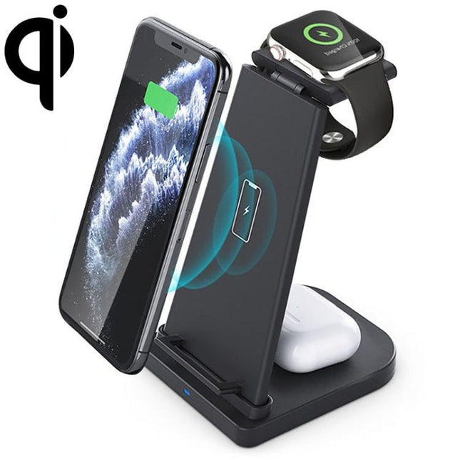 10W 3 in 1 QC 3.0 Vertical Multi-function Wireless Charger with Stand Function, Suitable for Mobile Phones / Apple Watch / AirPods (Black)-garmade.com